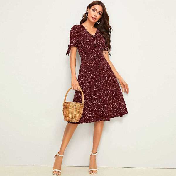 

Polka Dot Knot Cuff Single Breasted Dress, Burgundy