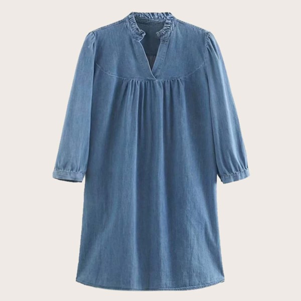 

Solid Notch Neck Denim Dress