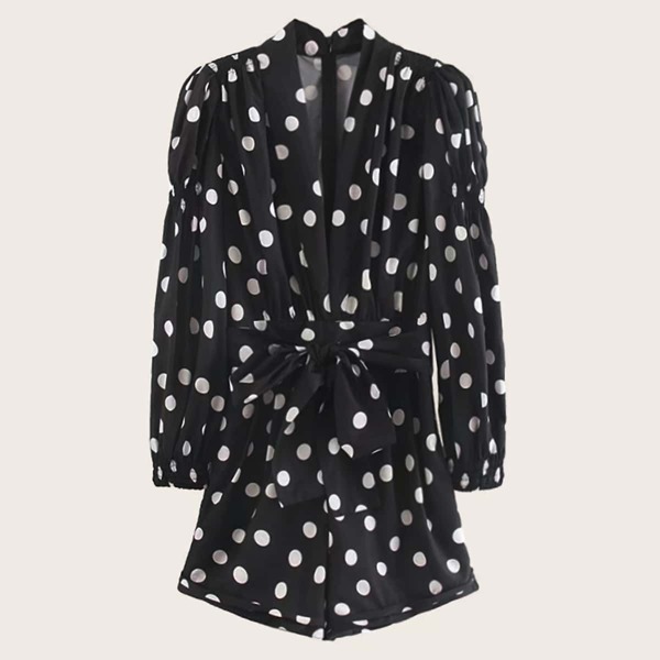 

Polka Dot Print Zip Back Belted Romper