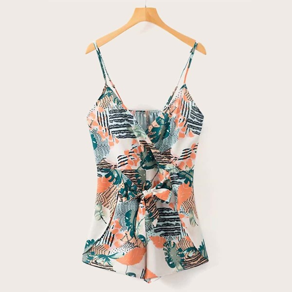 

Tropical Print Surplice Front Knot Cami Romper