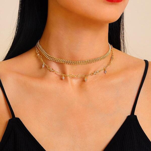 

Rhinestone Engraved Star Layered Chain Necklace 1pc