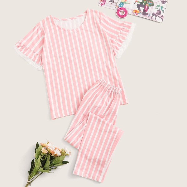 

Girls Striped Lace Trim Pajama Set