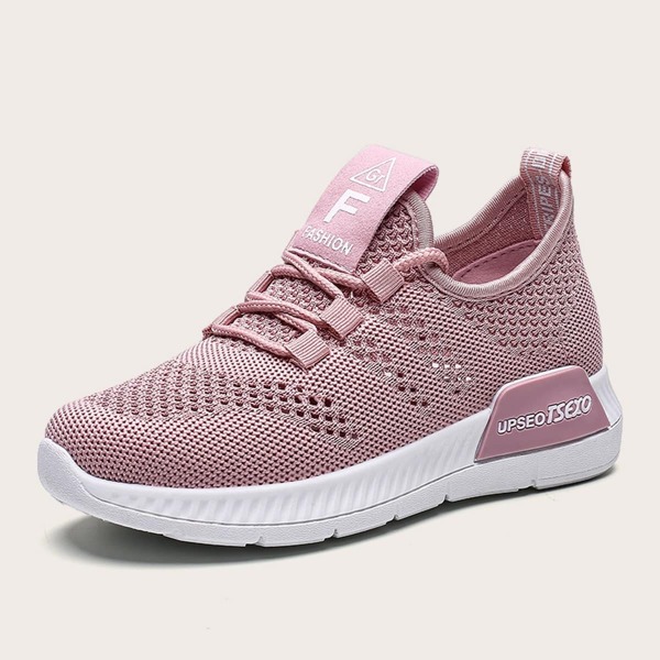 

Girls Lace-up Front Random Letter Print Knit Sneakers, Pink
