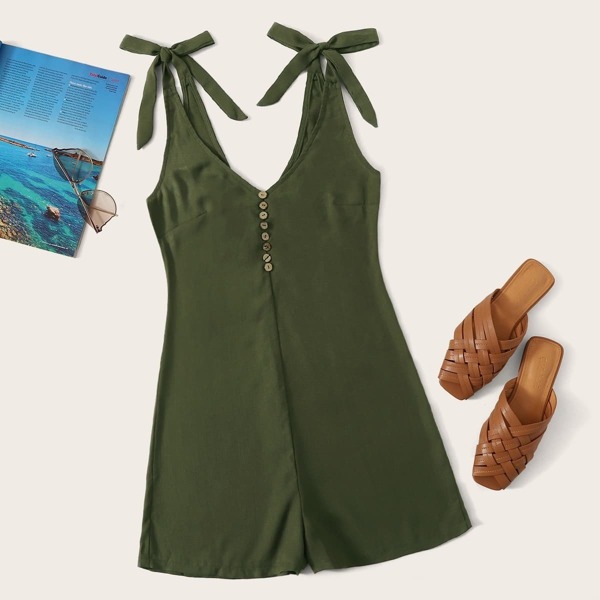 

Button Front Zip Back Cami Playsuit, Army green