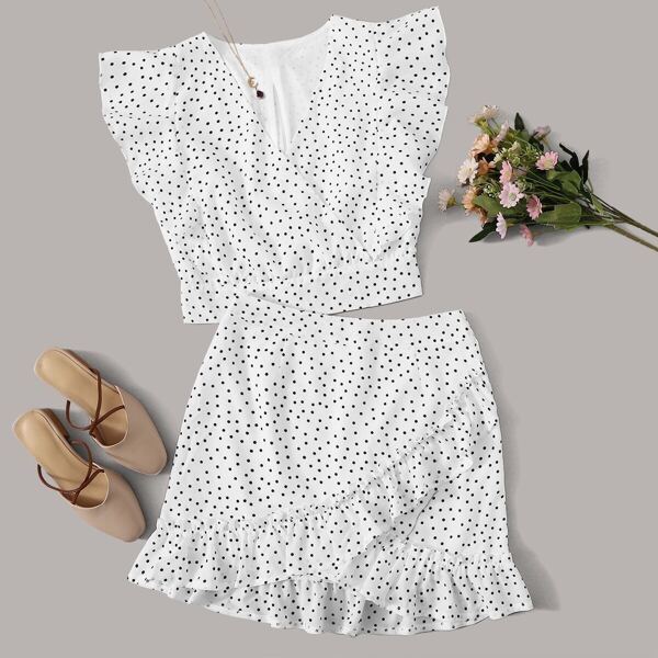 

Surplice Polka Dot Ruffle Cuff Top With Skirt
