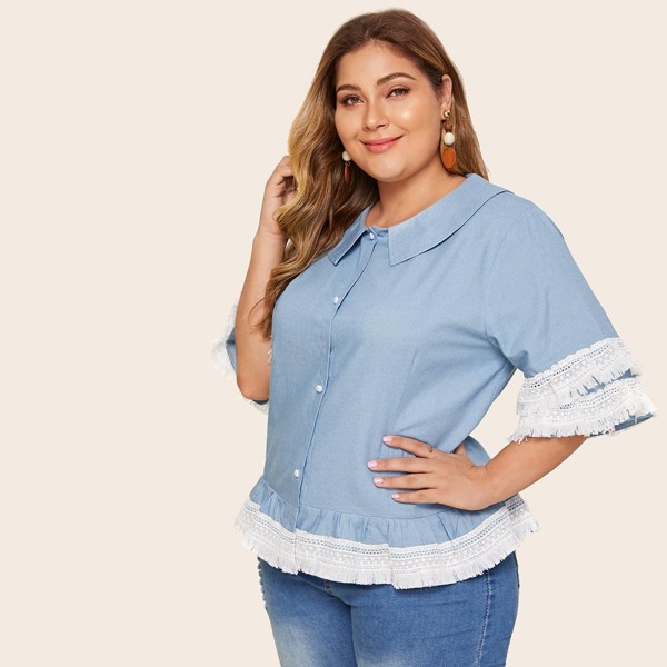 

Plus Contrast Lace Button Front Blouse