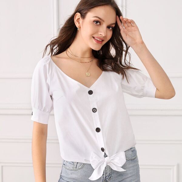 

Button Front Knot Hem Blouse