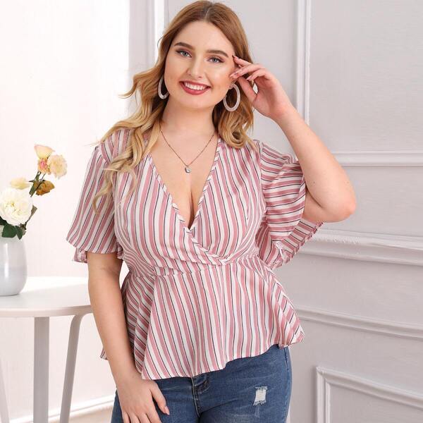 

Plus Striped Plunging Neck Peplum Blouse