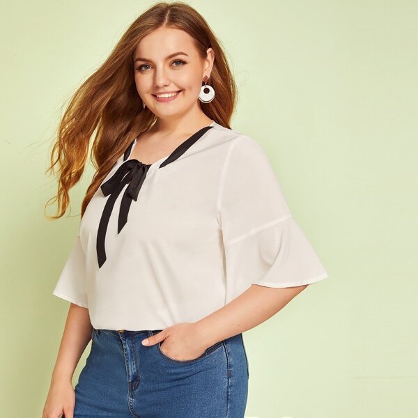

Plus Tie Neck Flounce Sleeve Blouse