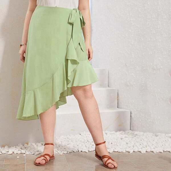 

Plus Side Knot Ruffle Hem Wrap Skirt, Green