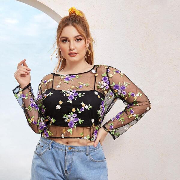 

Plus Embroidery Mesh Sheer Top