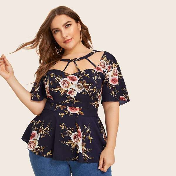 

Plus Floral Print Cut Out Peplum Top, Multicolor