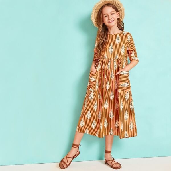 

Girls Pocket Front Plants and Striped Dress, Yellow