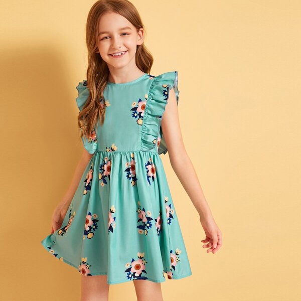 

Girls Ruffle Armhole Floral Print Flare Dress