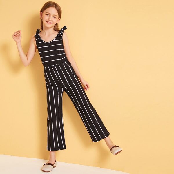

Girls Bow Detail Slant Pocket Striped Tank Jumpsuit
