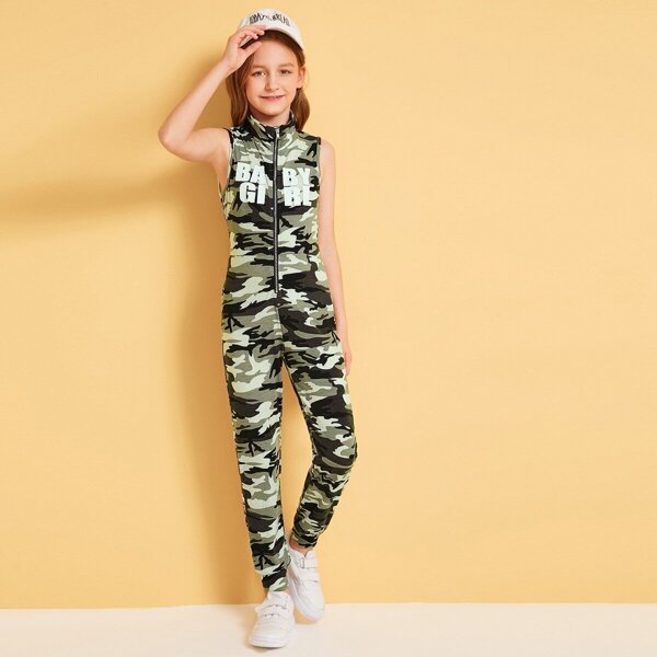

Girls Letter & Camo Print Zip Front Sleeveless Jumpsuit