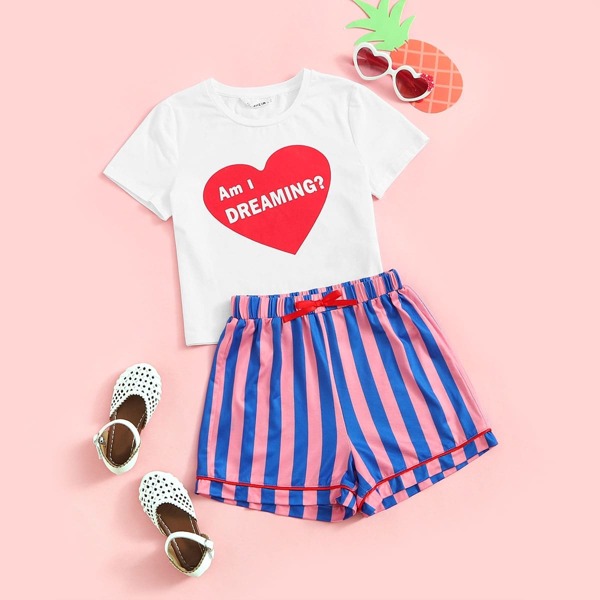 

Girls Heart Print Tee & Striped Shorts PJ Set