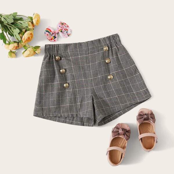 

Girls Plaid Double Button Shorts, Grey