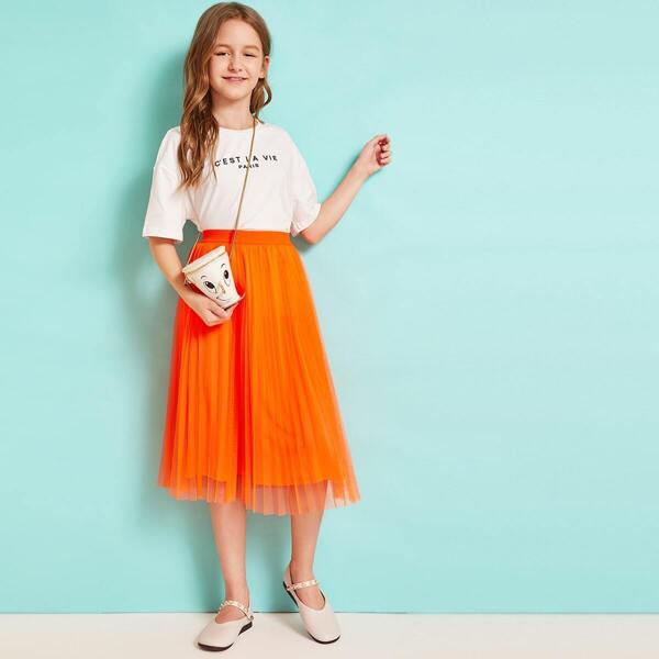 

Girls Neon Orange Pleated Mesh Skirt