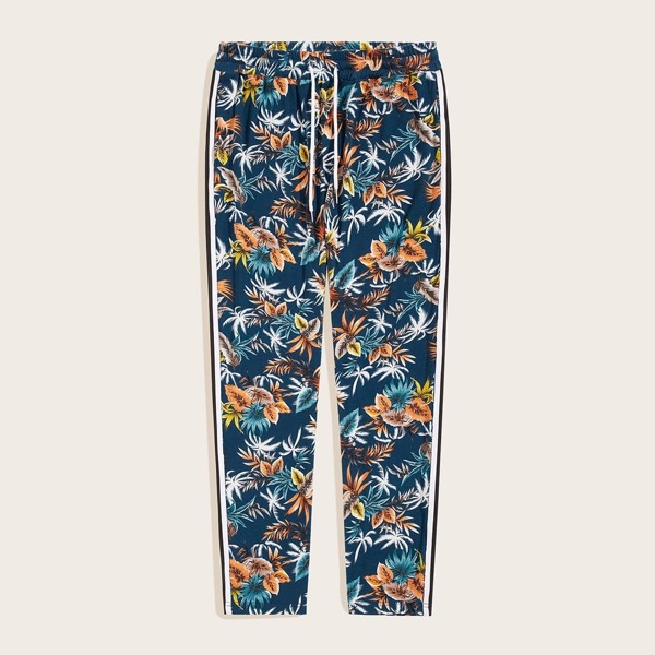 

Men Tropical Print Striped Tape Pants, Multicolor