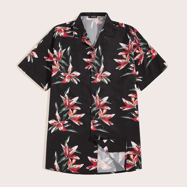 

Men Floral Print Revere Collar Shirt