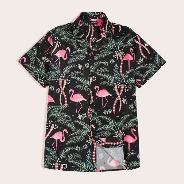 

Men Notch Collar Tropical Print Shirt