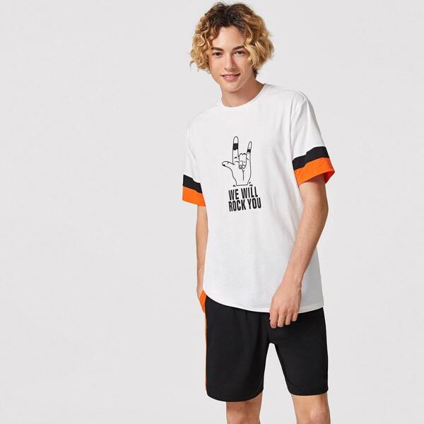 

Men Slogan Print Tee & Track Shorts Set