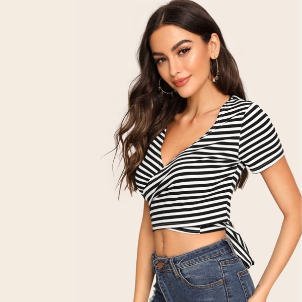 

Surplice Neck Striped Crop Tee