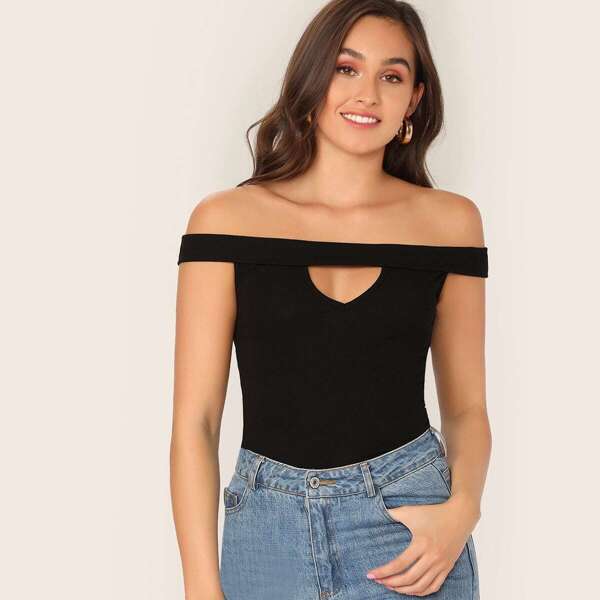 

Cut-out Front Rib-knit Bardot Top