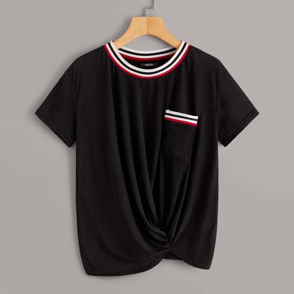 

Striped Neck Pocket Patched Top