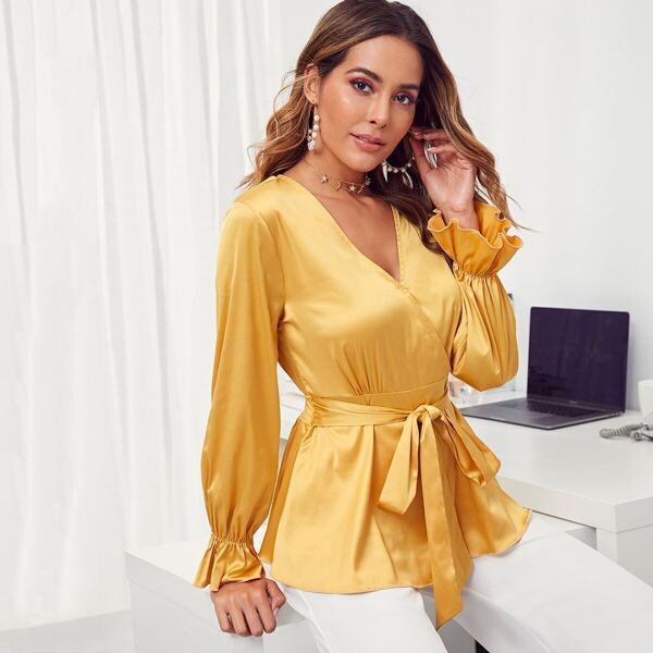 

Surplice Neck Belted Satin Peplum Top, Yellow