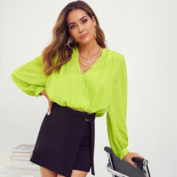 

Neon Lime V-neck Elastic Waist Top