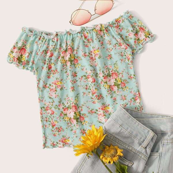 

Floral Print Lettuce Edge Bardot Top