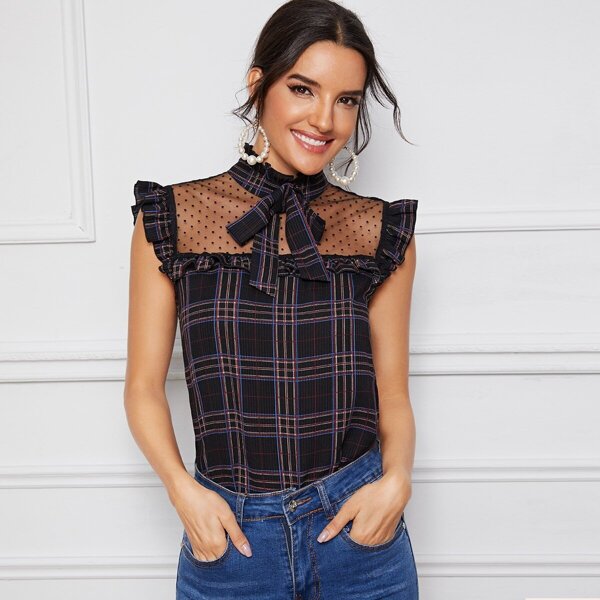 

Plaid Dobby Mesh Yoke Frilled Tie Neck Top, Multicolor