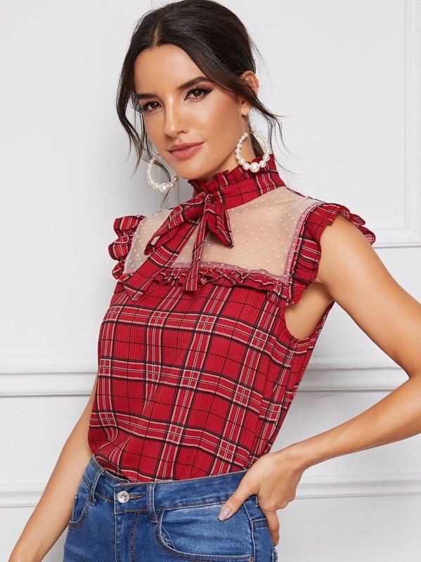 

Tie Neck Frill Trim Dobby Mesh Insert Tartan Top, Red, Juliana