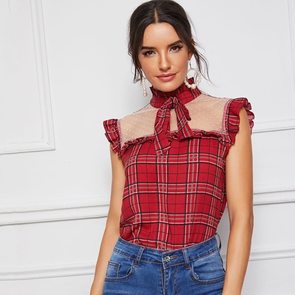 

Tie Neck Frill Trim Dobby Mesh Insert Tartan Top, Red