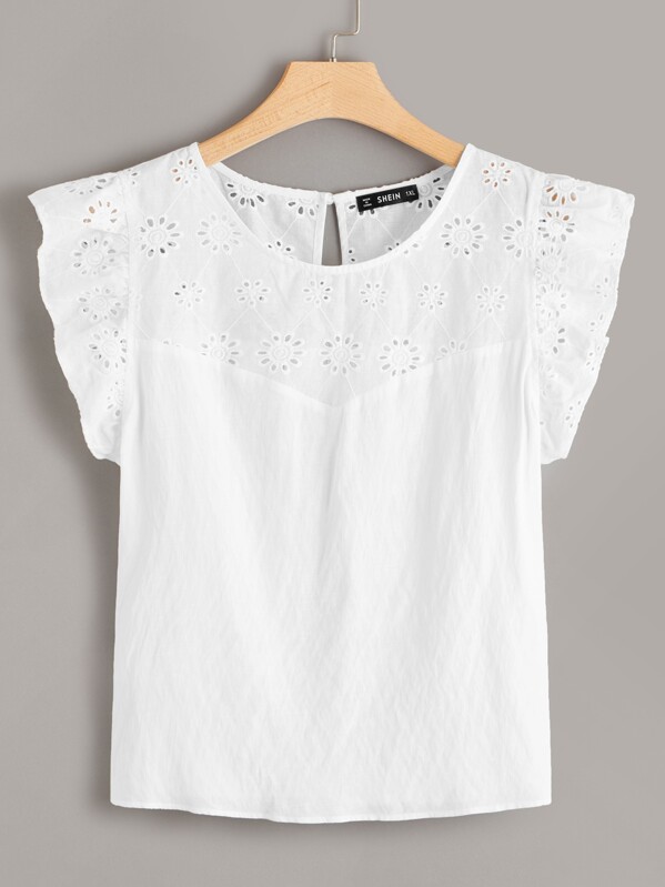 

Plus Ruffle Armhole Schiffy Yoke Trim Top, White