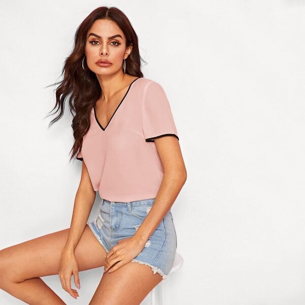 

V-neck Contrast Binding Top, Pink pastel