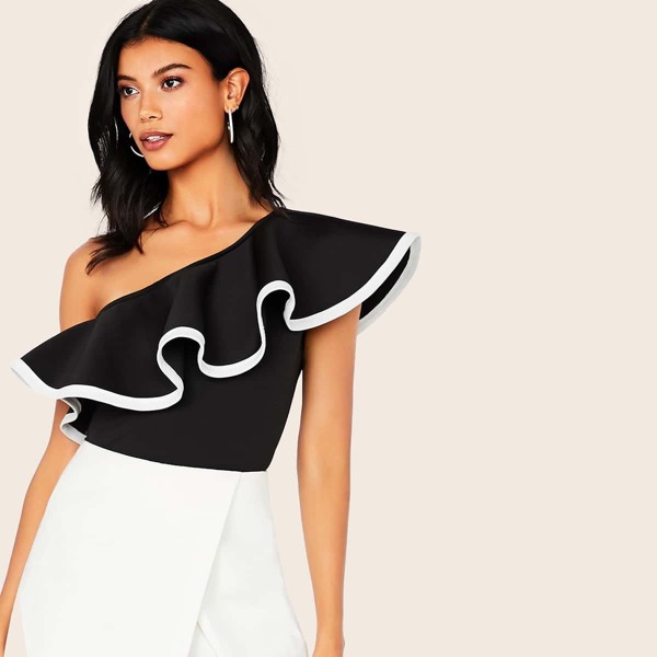 

Contrast Binding Ruffle One Shoulder Bodysuit
