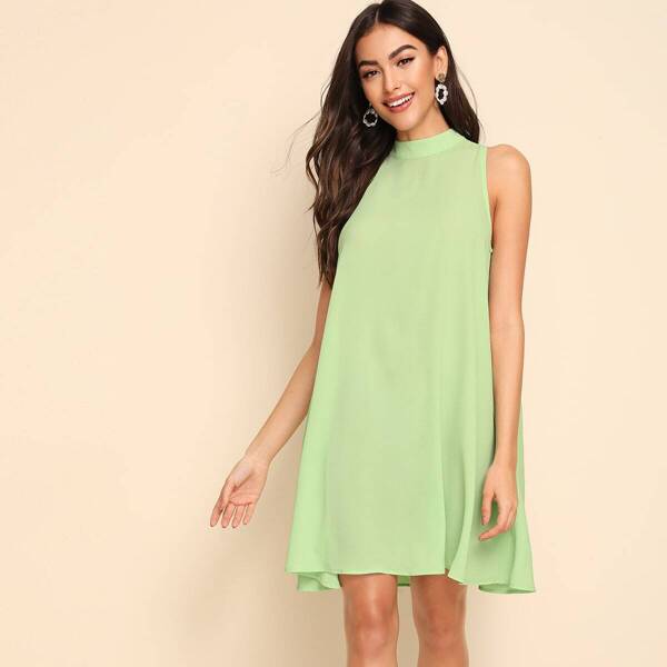 

Mock Neck Tie Back Swing Dress, Green pastel