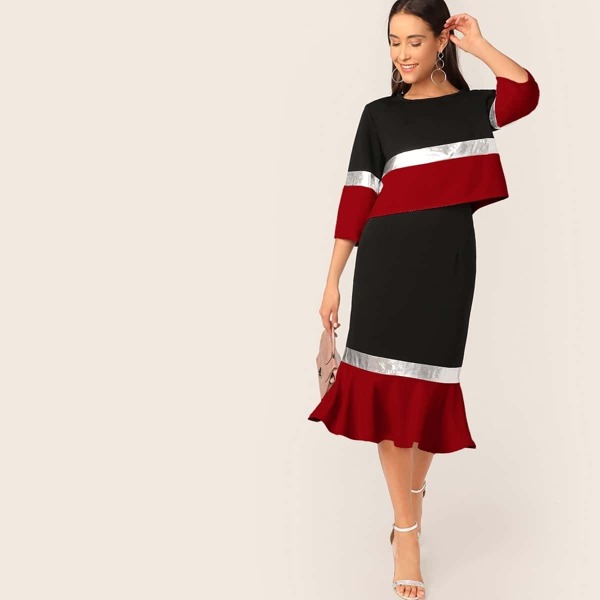

Color-block Top & Ruffle Hem Pencil Skirt Set, Multicolor