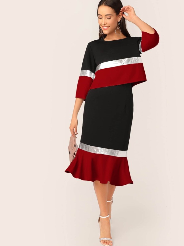 

Color-block Top & Ruffle Hem Pencil Skirt Set, Multicolor, Anna Herrin