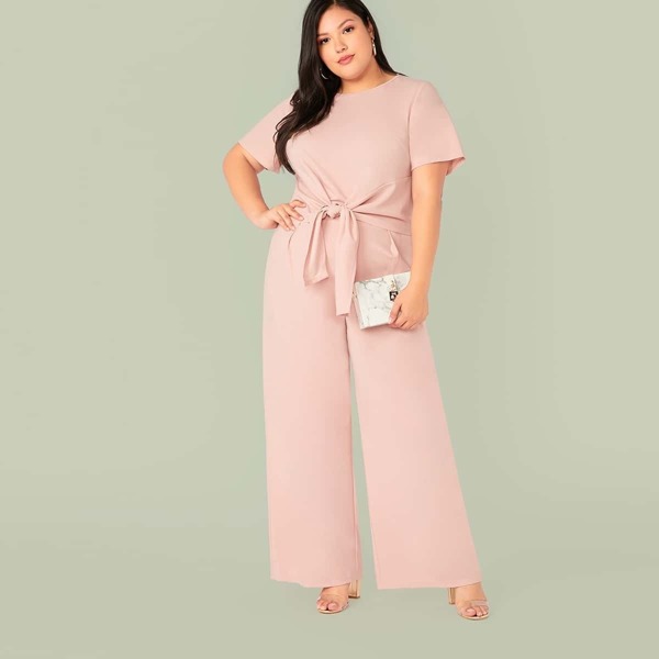 

Plus Solid Tie Front Top and Wide Leg Pants Set