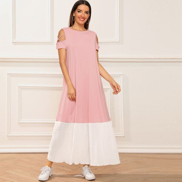 

Crisscross Sleeve Pleated Maxi Dress, Pink