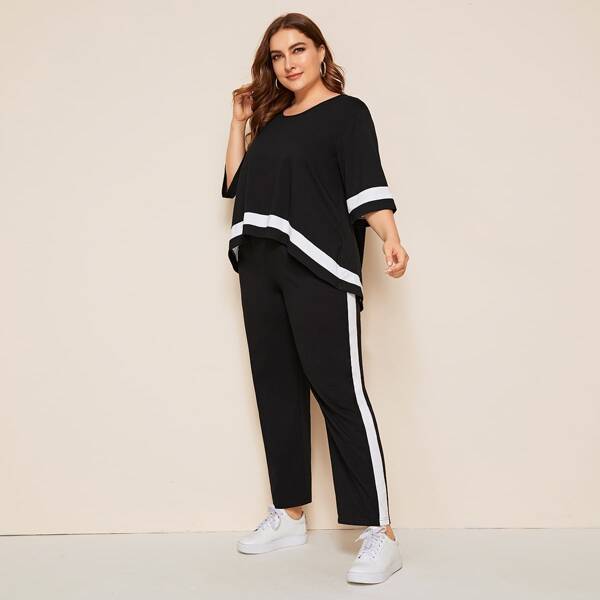 

Plus High Low Hem Top & Contrast Side Seam Pants Set, Black