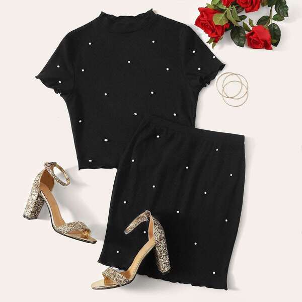 

Lettuce Trim Pearl Embellished Tee & Pencil Skirt Set