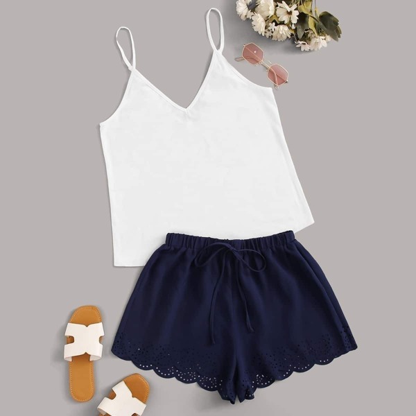 

Double V Neckline Cami Top and Laser Cut Shorts Set