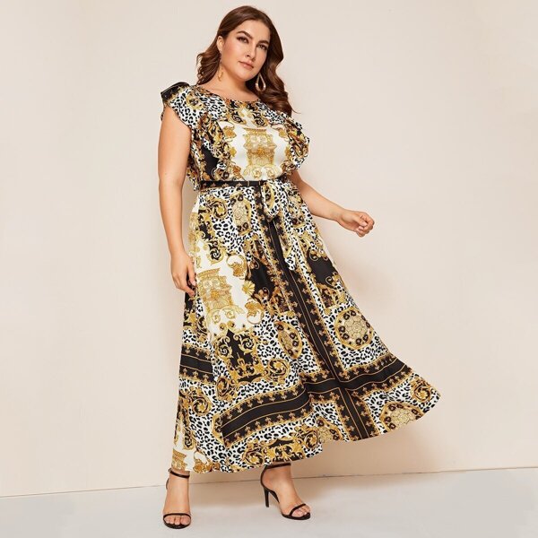 

Plus Scarf Print Ruffle Armhole Self Belted Dress, Multicolor