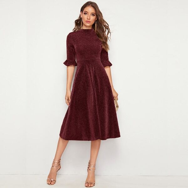 

Flounce Sleeve Glitter Flare Dress, Burgundy