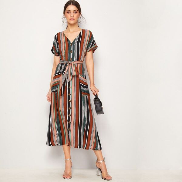 

Button Front Pocket Detail Belted Striped Dress, Multicolor
